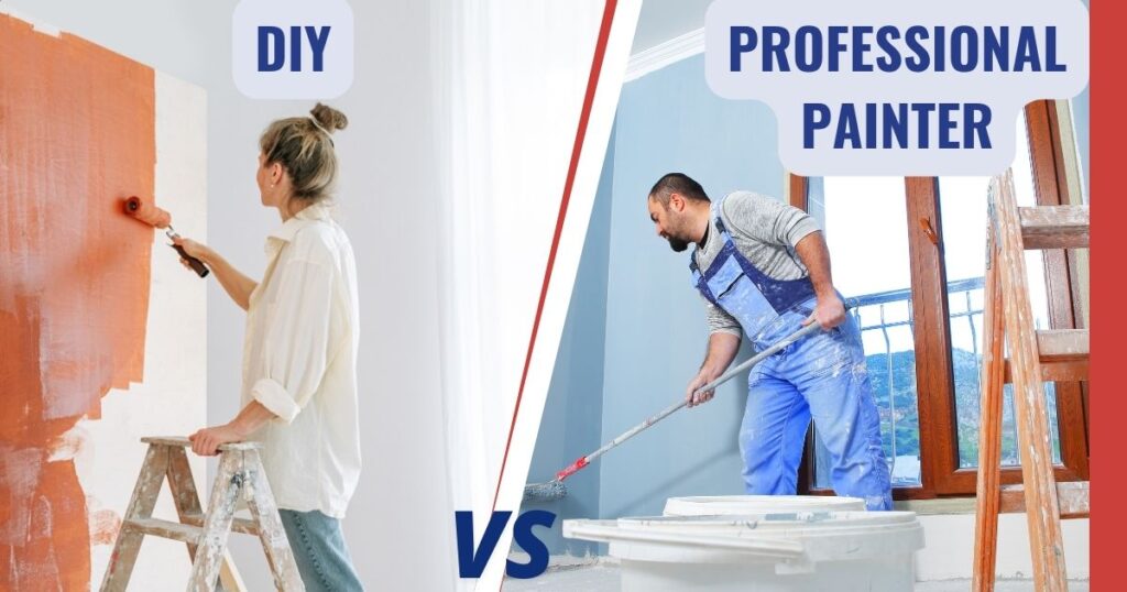 woman painting and man painting with a caption DIY vs Professional Painter
