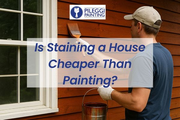 man staining house exterior with a caption Is Staining a House Cheaper Than Painting?